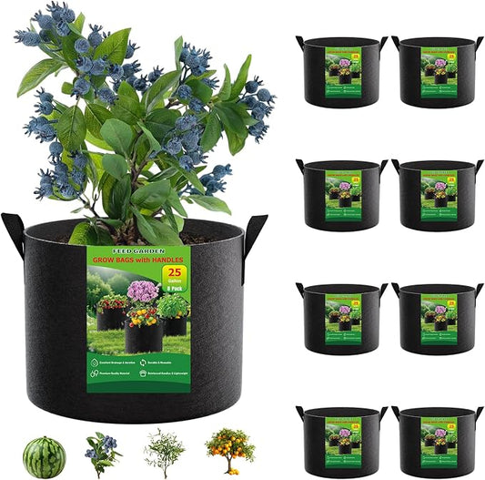 FEED GARDEN 25 Gallon Grow Bags, 8 Pack, Heavy Duty 300G Fabric Pots | 300G breathable fabric grow bags with reinforced handles for vegetables, flowers, herbs, fruit trees, and outdoor gardening.
