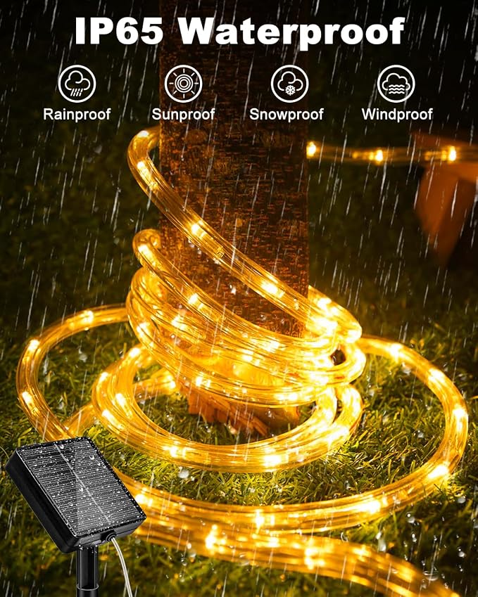 btfarm Solar Rope Lights, 120LED 46FT Solar String Lights Outdoor Waterproof, 8 Lighting Modes Solar Powered Strip Trampoline Light for Outside Garden Tree Christmas Yard Patio Decor, Warm White