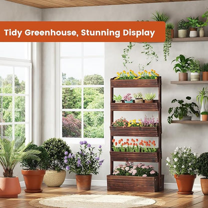 GHWIE Wooden Garden Planter Box, Raised Bed with Vertical Plant Rack, Indoor Outdoor Flower Herb Vegetable Stand (Carbonized, 5 Tier)