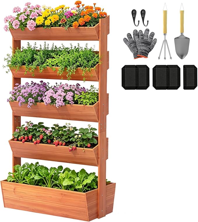 Suteck Vertical Wooden Raised Garden Bed, 5 Tier Garden Planters Freestanding Plant Stand Flower Rack Wooden Planter Box for Plants Flowers Herbs Vegetables Indoor Outdoor Gardening