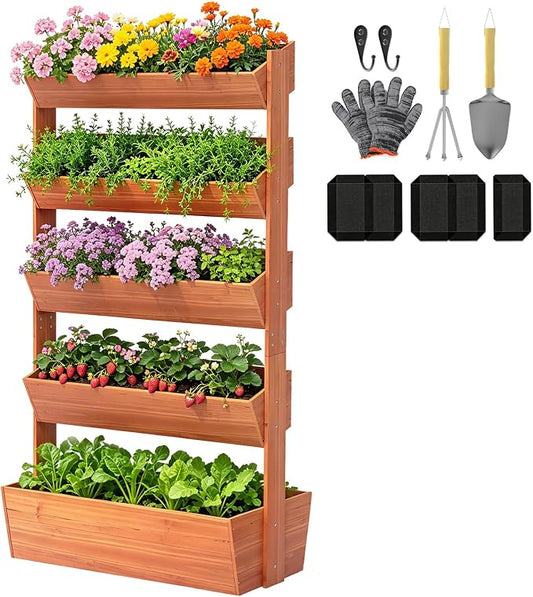 Suteck Vertical Wooden Raised Garden Bed, 5 Tier Garden Planters Freestanding Plant Stand Flower Rack Wooden Planter Box for Plants Flowers Herbs Vegetables Indoor Outdoor Gardening