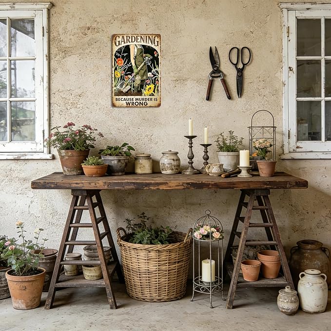 Funny Garden Metal Signs, Vintage Outdoor Wall Decor 8x12 Inch | Gardening Because Murder Is Wrong, Weatherproof Aluminum Sign for Patio Yard Greenhouse, Gift For Gardeners