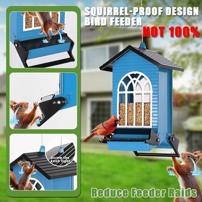 Gbekery Squirrel Proof Bird Feeder for Outdoors,5LB Large Capacity,Metal Wild Bird Seed Feeder with Bilateral Weight-Activated Perches for Outside Hanging,Garden Decoration,Blue