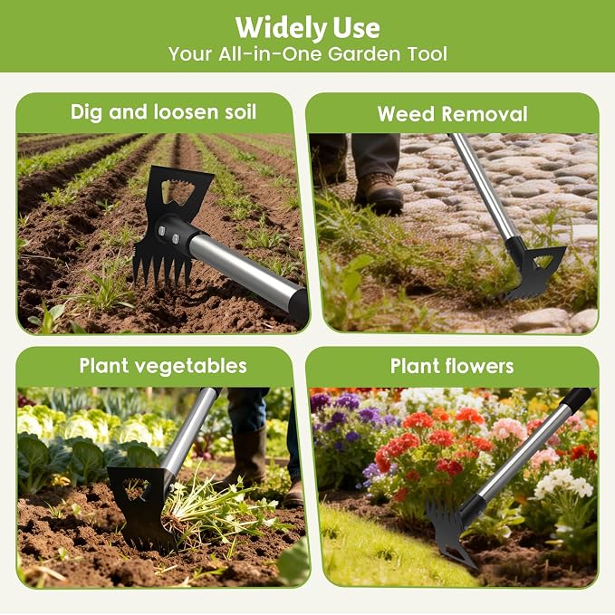 Weed Puller Tool with Long Handle, Stand Up Weeder with 63" Telescoping Handle, 2-in-1 Manual Weeder Remover & Garden Hoe, 6 Sharp Tines for Crack Weeding and Root Removal