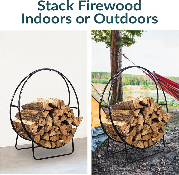 Sunnydaze 40-Inch Outdoor Firewood Rack Hoop - Indoor Round Tubular Steel Fireplace Wood Holder - 500-lb Capacity