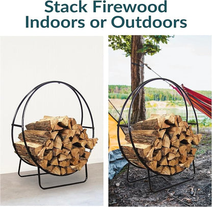 Sunnydaze 40-Inch Outdoor Firewood Rack Hoop - Indoor Round Tubular Steel Fireplace Wood Holder - 500-lb Capacity