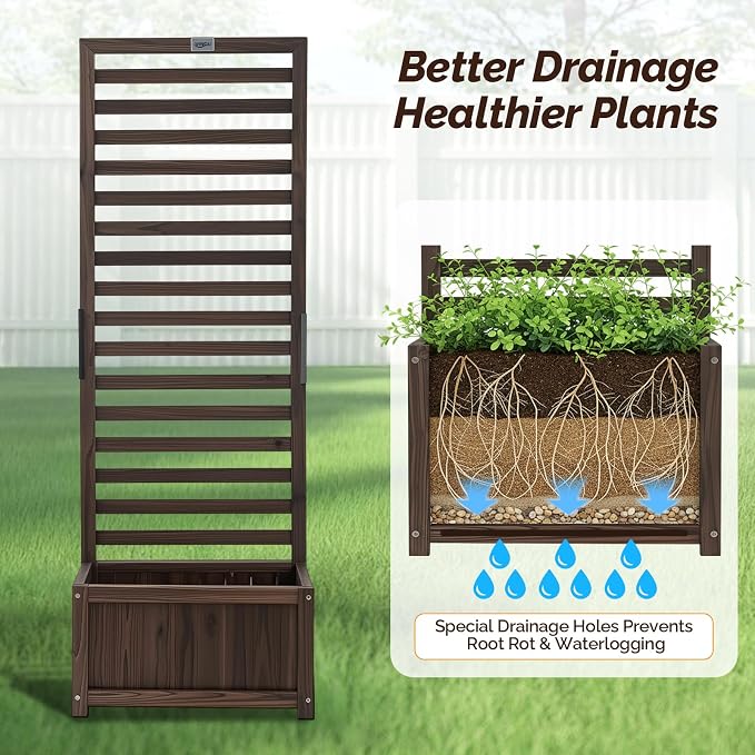 VINGLI Wooden Planter with Trellis, 51" Height Elevated Garden Beds Outdoor, FreeStanding Planter Box with Drainage Holes for Flower, Vegetable, Fruit, Herb in Garden, Patio, Balcony, 1PCS