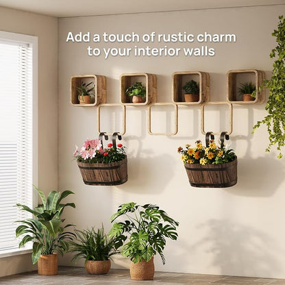 2PACK Wood Hanging Planter, Railing Planter Box, Carbonized, Small | Hanging Flower Pots, window boxes planters, For Fence Outdoor Plants, balcony planters, Countryside Style, Cute Design
