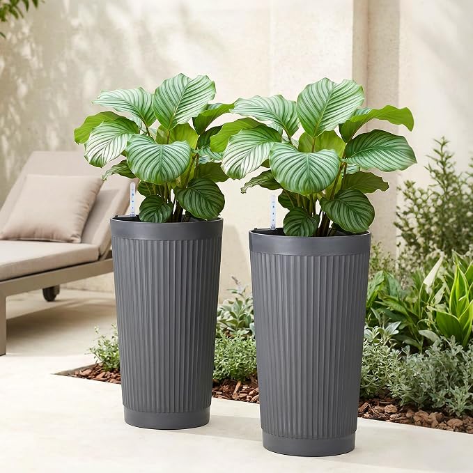 TUYOHW Set of 2 Large Round Tall Planter for Indoor or Outdoor 24" Flower Pots for Porch, Patio, Backyard, Large Planters for Outdoor Indoor Plants