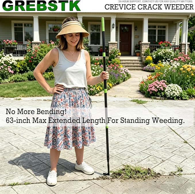 GREBSTK Crack Weeder Crevice Weeding Stainless Steel Tool Adjustable, 63 in | Adjustable 21-63in, Rust-Resistant L-Shaped Blade, Comfortable Handle, for Patio Cracks, Driveway Gaps, Walkway Edging