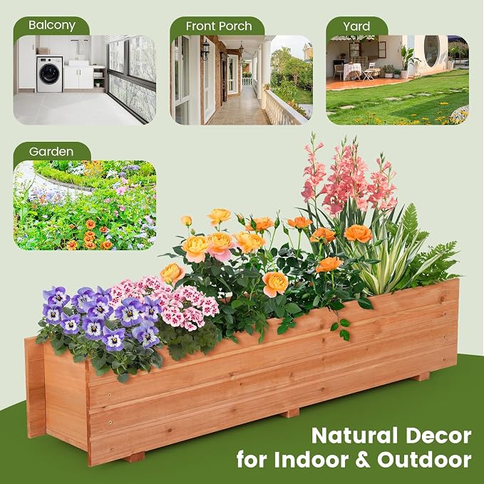 Raised Garden Bed, 44” x 11” x 10” Wooden Flower Bed with 2 Drainage Holes & Removable Bottom, Long Narrow Decorative Garden Bed, Planter Box Outdoor for Vegetables Flowers Fruits Herbs
