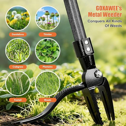GOXAWEE Metal Stand Up Weed Puller Tool - 45" Garden Weeding Tool with Steel Long Handle & 4-Claw Steel Head - Effortlessly Remove Weeds Without Bending/Kneeling - All Steel Construction