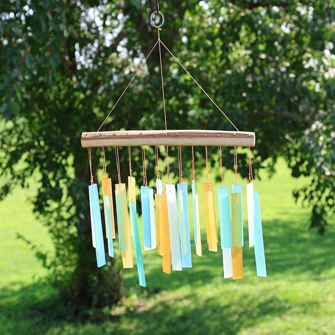 Caribbean Beach Glass Driftwood Wind Chime, Coastal Decor, 11 Inch | Turquoise Beach Colors; Driftwood Accent; Tropical Coastal Decor; Handcrafted Chime