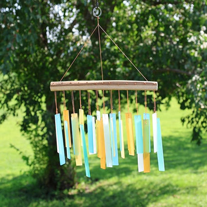 Caribbean Beach Glass Driftwood Wind Chime, Coastal Decor, 11 Inch | Turquoise Beach Colors; Driftwood Accent; Tropical Coastal Decor; Handcrafted Chime