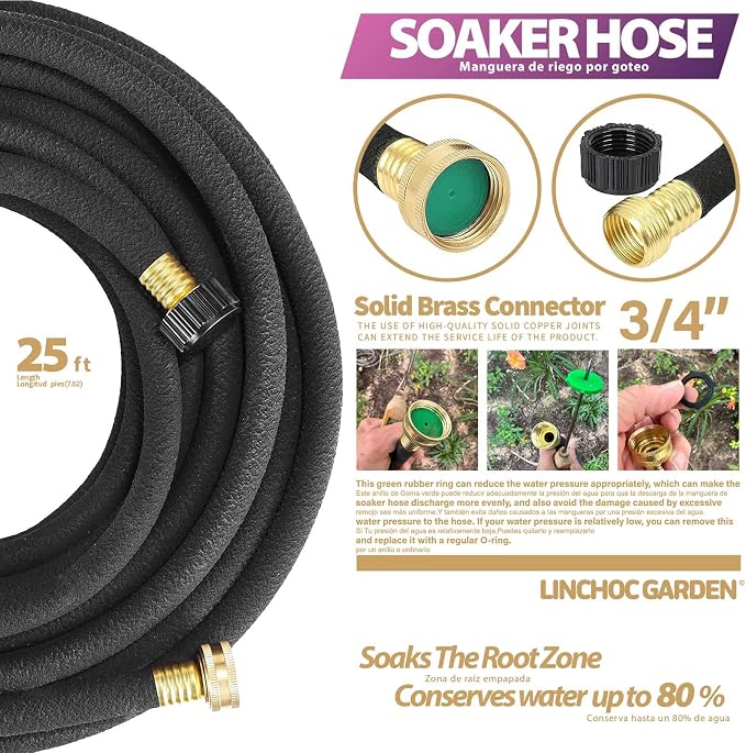 LICNCHOC GARDEN Soaker Hose 25ft,1/2 INCH Flexible Durable Garden Hose for Efficient Watering, Leak-Proof Design 100% Recycled Rubber,Ideal for Lawns,Gardens & Flower Beds