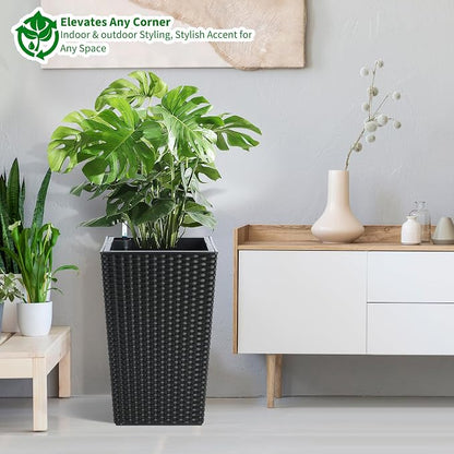Garvee Set of 2 Tall Rattan Planters, 16 Inch Black Planters for Indoor Outdoor Plants, Flower Pots with Drainage & Water Level Window for Porch, Patio & Balcony