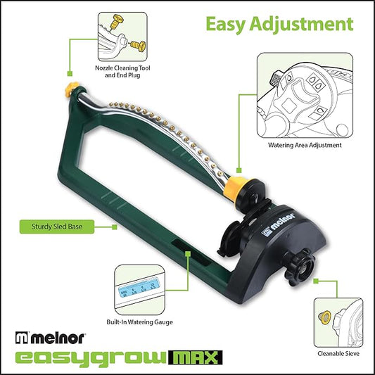 Melnor 65149AMZ Oscillating Sprinkler, 18 Precision Brass Nozzles, Adjustable Coverage, Waters Up to 3,400 Sq. Ft., Quick Connect Bundle, Green, Yellow