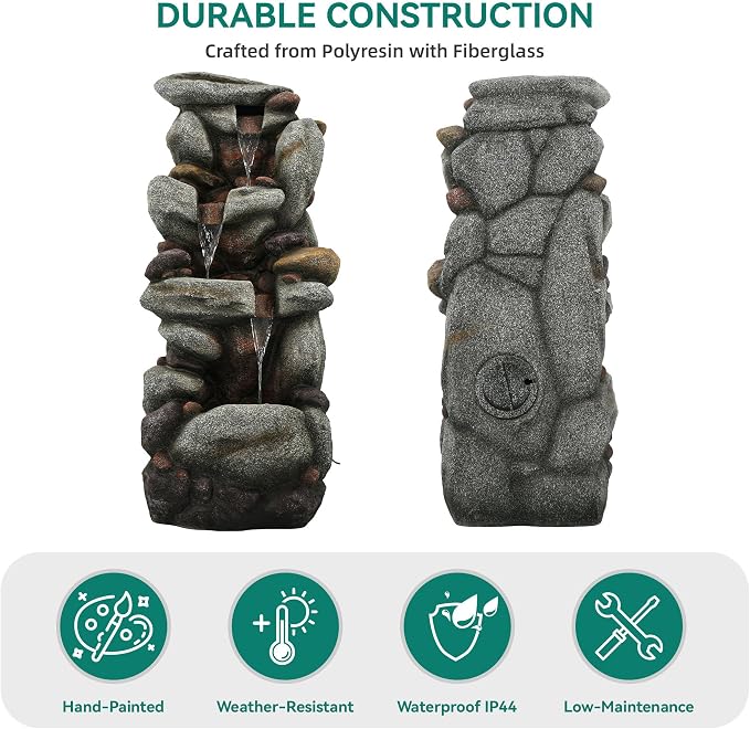 Utym 40" H Oversized Pebbles Rock Outdoor Fountain with Warm LED Lights | 3-Tier Extra-Large Stacked Pebbles River Waterfall with Cascading Water Feature for Garden Patio Yard and Backyard