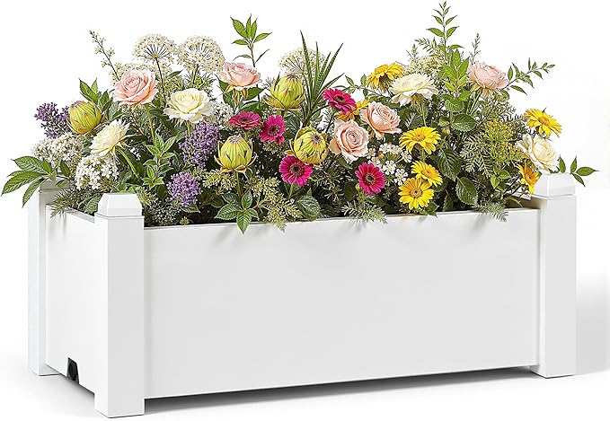 PatioZen 14 Gallon Raised Garden Bed, Self-Watering Raised Planter Box with Drainage Plug & Gauge for Vegetables Flowers Herbs Succulents, Rustproof Resin for Backyard Patio Porch (Ashen)