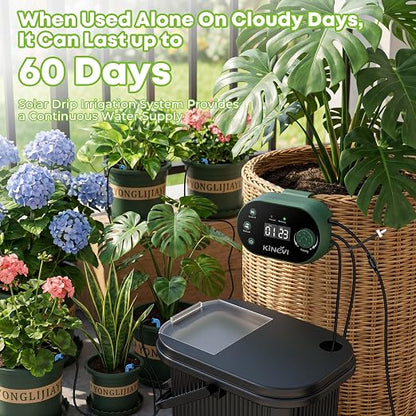 Solar Drip Irrigation System Kit, Auto Watering Kit for 15 Pots, 3W Solar Powered Auto Easy DIY Watering Device,22 Timing Modes with with Anti-Siphoning Device & Buckets and Flower Pots