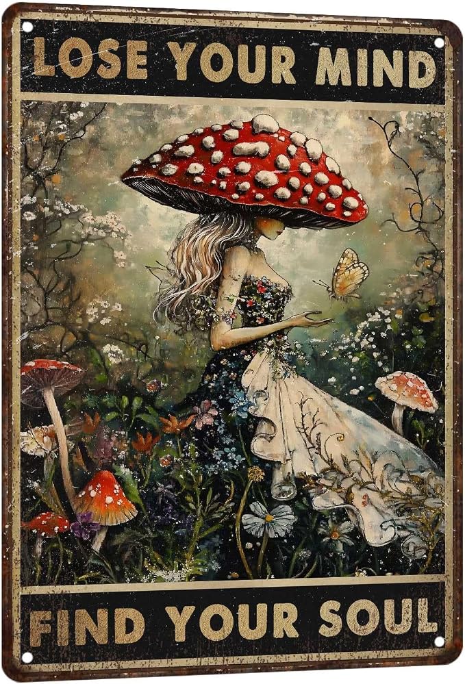 PEACHGARDEN Vintage Mushroom Kitchen Decor Lose Your Mind Find Your Soul Metal Tin Sign Whimsigoth Wall Art Cottagecore Witchy Room Aesthetic For Home Coffee Bar Botanical Bohemian Gift 8x12 Inch