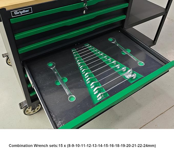 7-Drawers Professional Tool Cart Cabinet,Rolling Tool Chest with Double Shelves,Wood Workbench,51.1W x 18.9D x 32.3H inches for Garage, Workshop, or Outdoor Use(7 Drawers + 258 Pieces Tool)