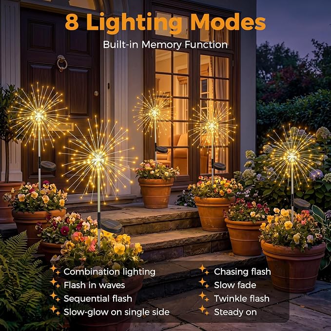 btfarm 10 Pack Solar Garden Lights Outdoor 8 Modes, 120 LED Firework Lights Solar Powered, Waterproof Twinkle Fairy Light Outside for Yard Pathway Lawn Pool Patio Christmas Decorative, Warm White