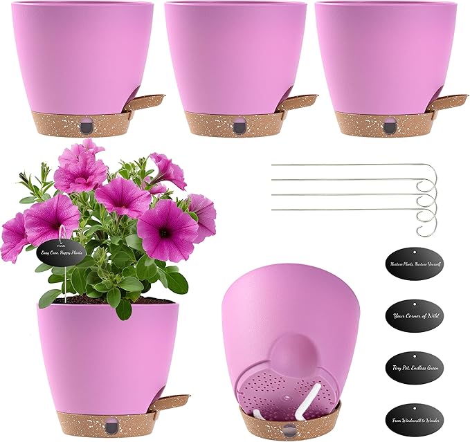 6 Inch Self Watering Pots for Indoor Plants(5-Pack) – Small Plastic Planters with Water Level Window, Drainage Holes & Trays, Indoor Outdoor Flower Pots for Herbs, Snake,Pothos (Dusty Lavender)