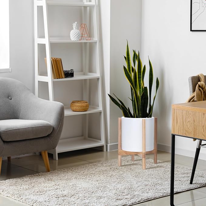 D'vine Dev Plastic Pot with Natural Wood Stand, White, 12 in, 55-C-P-1 | Mid-Century Inspired Design, Elevated Plant Display, Clean Lines, Sturdy Support, Modern Space-Saving Style