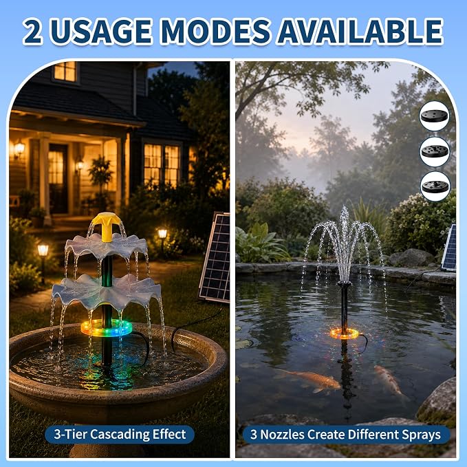 Yeomi 6W Solar Fountain Pump, Independent Solar Panel Water Fountain with 2 Spray Modes & 3 Nozzles, Built-in Filter for Garden, Patio, Pond Decoration