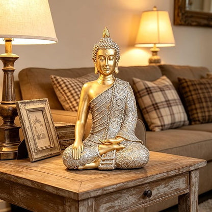 Golden Buddha Figurine - Meditating Seated Buddha Statue - resin Figurine | YOUERDA; Yoga Meditation Room Home Decor, Altar Spiritual Decoration Asia Sculpture for Garden, Patio, Deck, Yard Art
