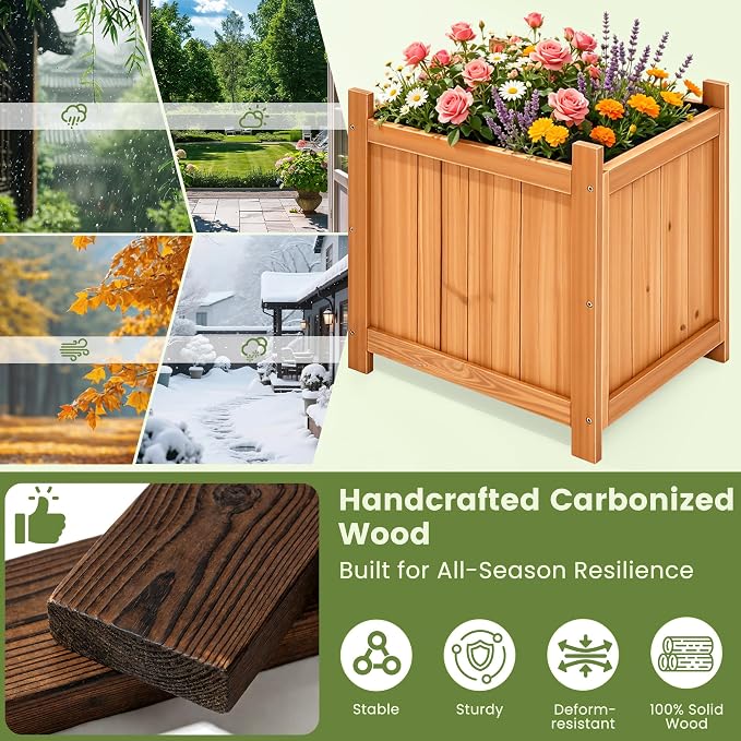 2-Pack 16" Square Fir Wood Planter Boxes with Drainage Holes | Set of 2 fir wood planters with removable bases, liners, and drainage holes for flowers, herbs, porch, patio, or garden