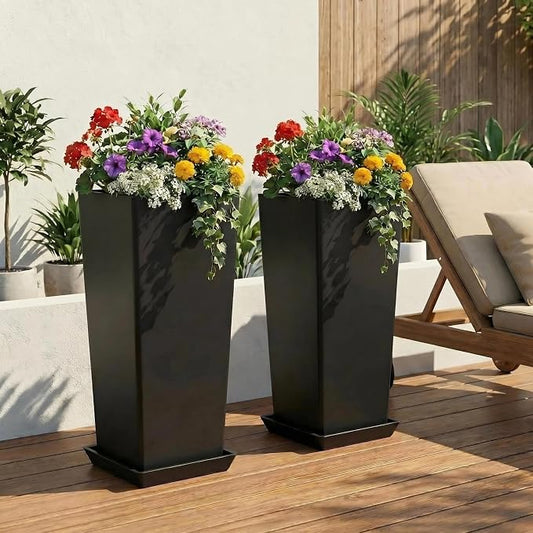 FENCY Set of 2 Tall Planters for Outdoor Plants, Black | 24 Inch Plant Pots with Drainage Hole & Trays, Plastic Tapered Flower Pots for Plants, Weather-Resistant