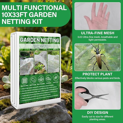 Garden Mesh Netting Kit for Raised Beds, 10x33FT Ultra Fine Mesh Netting&6 Sets 8FT Fiberglass Garden Hoops, Insect Netting Row Cover, Pest Barrier Protection for Vegetable Fruits Flowers
