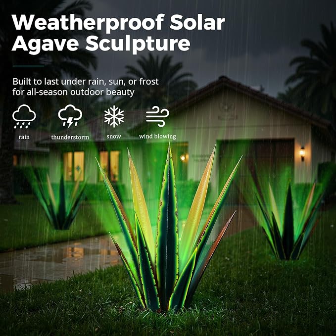 KODIBO 24” Metal Agave Plant Outdoor Decor with Solar Light, Vintage Green | IP65 Waterproof Solar Garden Light, Weather-Resistant Metal, Tequila Rustic Sculpture for Patio Yard Flower Bed, Home Decor