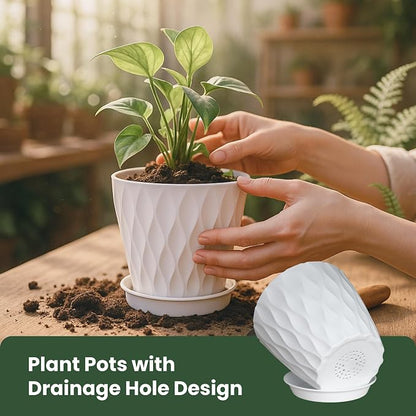 Plant Pots, Plastic Flower Pots for Indoor & Outdoor Plants, Planters with Drainage Holes and Saucer, Garden Pot for Plants (White 7/6.5/6/5.5/5/4.5/4 inch)