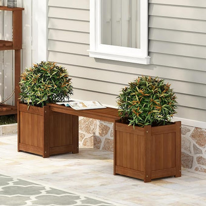 Furinno TIOMAN Planter Box with Bench, Hardwood Flower Box with Seat, Cube Garden Box, in Teak Oil, Outdoor Indoor, Garden, Patio, Balcony, Light Wood