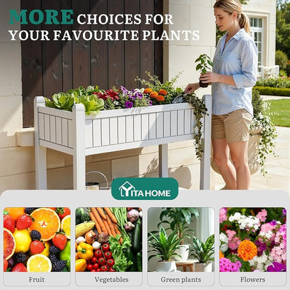 YITAHOME 3.6x1.5x2.8 FT Elevated Garden Bed Kit with Legs and Wheels, Outdoor Large Resin Planter Box Stand with Drain Plug and Storage Shelf for Plants Vegetables Fruits, Grayish-White