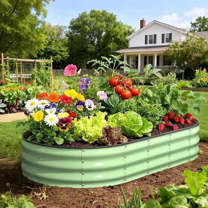 Raised Garden Bed 6×3×1 FT, Galvanized Raised Planter Box, Oval Vegetable Planting Container with Edge Trim, Fruit Green for Backyard Fence Line Side Yard Family Gardening