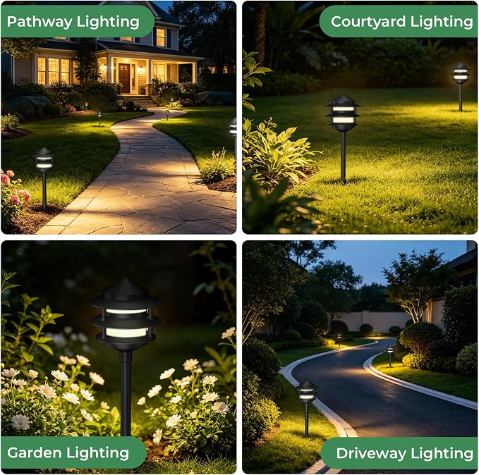 Gardencoin Pagoda Low Voltage Landscape Pathway Lights, 12V Outdoor LED Path Lights Wired, Aluminum Walkway Lighting with 4W 2700K Replaceable G4 Bulb, Classic 3-Tier Lantern, 12 Pack