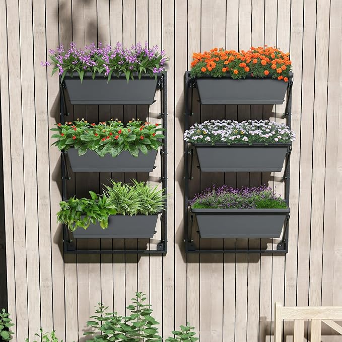 Giantex Set of 2 Vertical Raised Garden Bed, Hanging & Wall-Mounted Planter Garden Boxes, Adjustable Shelf & Detachable Hooks, 3-Tier Railing Raised Beds for Flower Strawberry Vegetable
