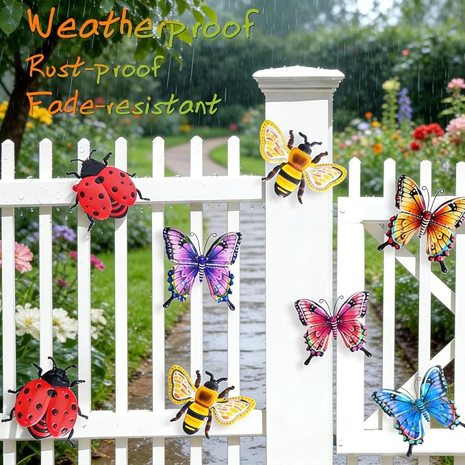 DEWEL 8 Pcs Metal Garden Decor for Outside, 3D Butterfly Ladybug Bee Outdoor Wall Art Decor, Colorful Hanging Decorations for Spring Garden Fence Patio Yard, Great Gift Choice