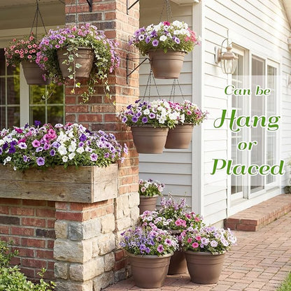 20 Pack 10 Inch Plastic Hanging Planter Bulk Brown Hanging Baskets for Plants with Drainage Trays Self Watering Plant Pot Outdoor Indoor Planter for Garden, Balcony, Porch, Patio Decor