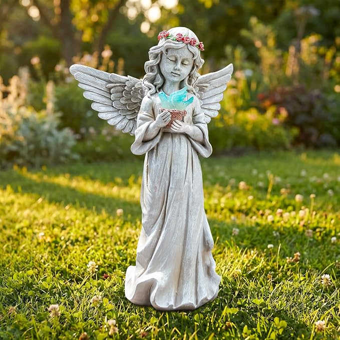 Angel Garden Statue Outdoor Decor, Angel Garden Figurine Hold Bird's Nest with Solar Lights Waterproof Resin Yard Art Decoration Lawn Ornament Sculpture for Outside Patio Yard Gift