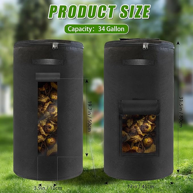 Compost Bin Outdoor with Handles Observation Windows, 34 Gallon | Black Reusable foldable compost bucket compost bag for home garden yard waste, thickened breathable felt material