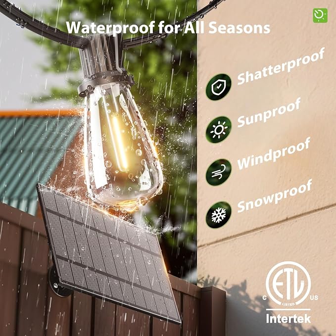 KYY 102FT(96+6) Solar String Lights Outdoor with USB Port Remote Control, LED Waterproof Solar Powered Patio with 32 Sockets, Heavy-Duty and UL Listed Porch Market Lights