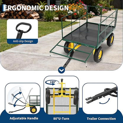 Heavy Duty 1500 Lbs Capacity Mesh Steel Garden Cart Folding Utility Wagon with Removable Sides, Garden Cart on Wheels for Gardening Soil, Tools, and Plant Transport