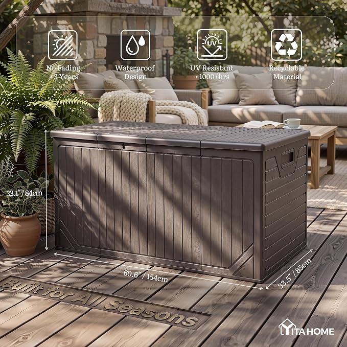 YITAHOME XXL 300 Gallon Extra Large OutdoorDeck Box, Lockable Resin Storage Box and Waterproof Patio Furniture Bin for Garden Tools & Pool Accessories, Brown