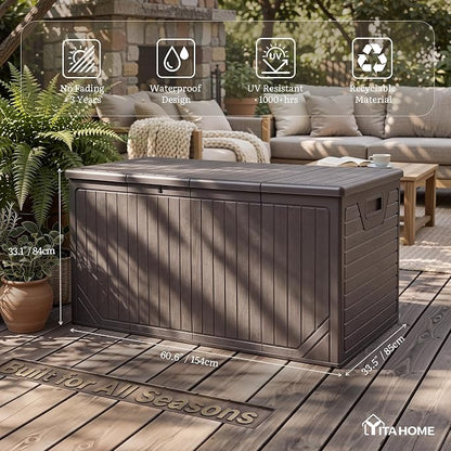 YITAHOME XXL 300 Gallon Extra Large OutdoorDeck Box, Lockable Resin Storage Box and Waterproof Patio Furniture Bin for Garden Tools & Pool Accessories, Brown