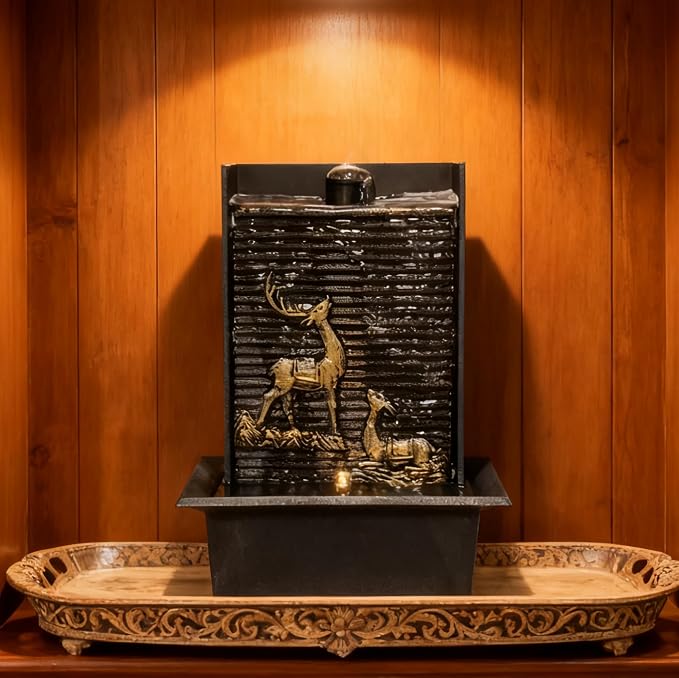 Water Wall Waterfall Fountain, Gold Deer Relief Wall Fountain for Home Office, Indoor Zen Vertical Waterfall with Warm Light for Zen Relaxation & Decor